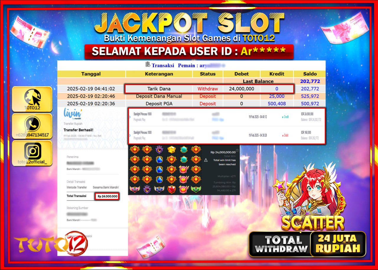 HANYA DI TOTO12 JP PASTI DI BAYAR LUNAS DAN CEPAT!!!!!! JACKPOT SLOT GAME (STARLING PRINCES 1000) Rp.24.000.000 !!!!
