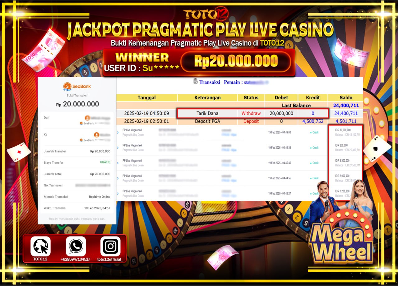 HANYA DI TOTO12 JP PASTI DI BAYAR LUNAS DAN CEPAT!!!!!! JACKPOT PRAGMATIC PLAY LIVE CASINO (MEGA WHEEL) Rp.20.000.000 !!!!