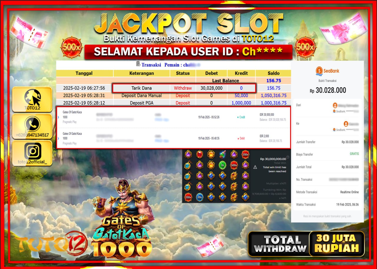 HANYA DI TOTO12 JP PASTI DI BAYAR LUNAS DAN CEPAT!!!!!! JACKPOT SLOT GAME (GATES OF GATOTKACA 1000) Rp.30.000.000 !!!!