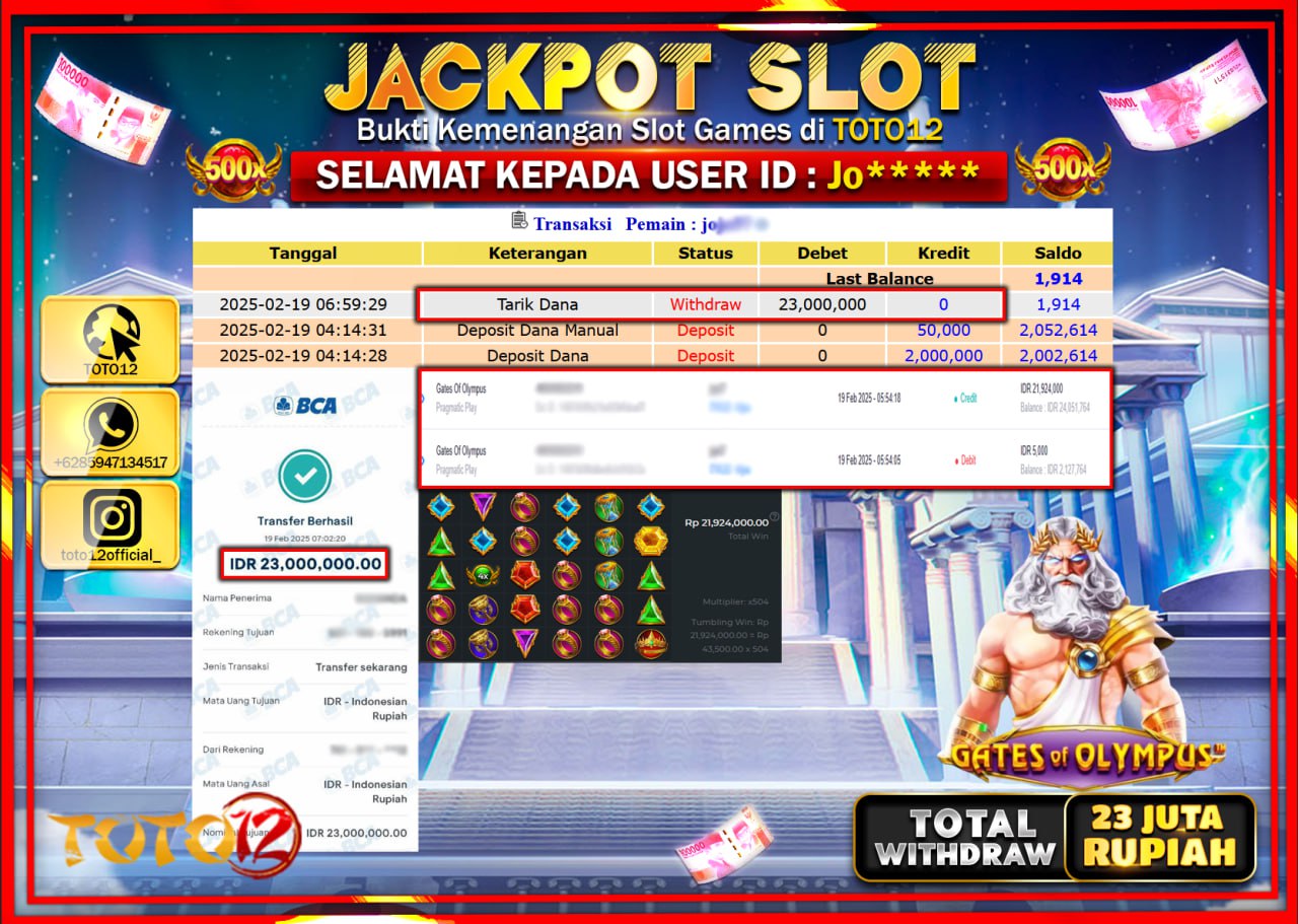 HANYA DI TOTO12 JP PASTI DI BAYAR LUNAS DAN CEPAT!!!!!! JACKPOT SLOT GAME (GATES OF OLYMPUS) Rp.23.000.000 !!!!