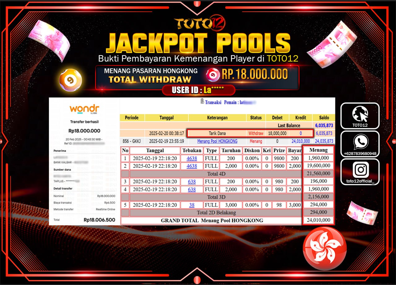 HANYA DI TOTO12 JP PASTI DI BAYAR LUNAS DAN CEPAT!!!!!! JACKPOT POOLS (HONGKONG) Rp.18.000.000 !!!!