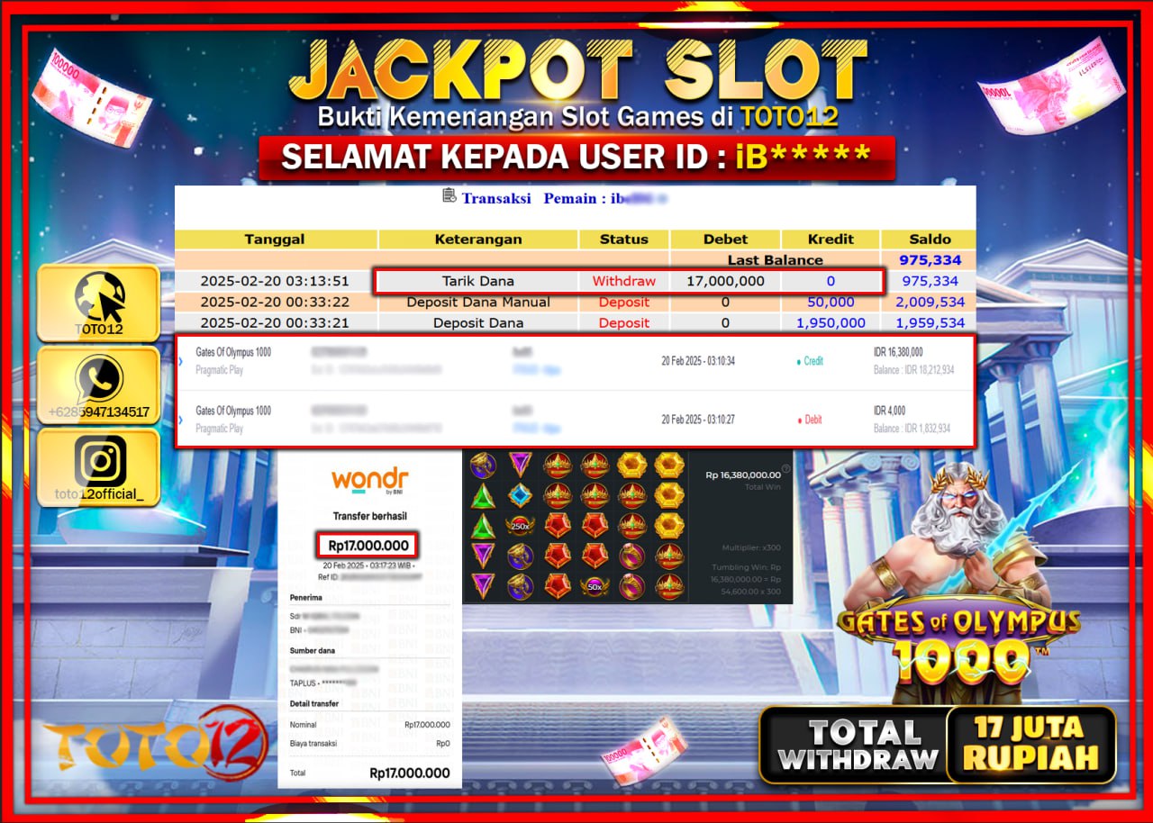HANYA DI TOTO12 JP PASTI DI BAYAR LUNAS DAN CEPAT!!!!!! JACKPOT SLOT GAME (GATES OF OLYMPUS 1000) Rp.17.000.000 !!!!