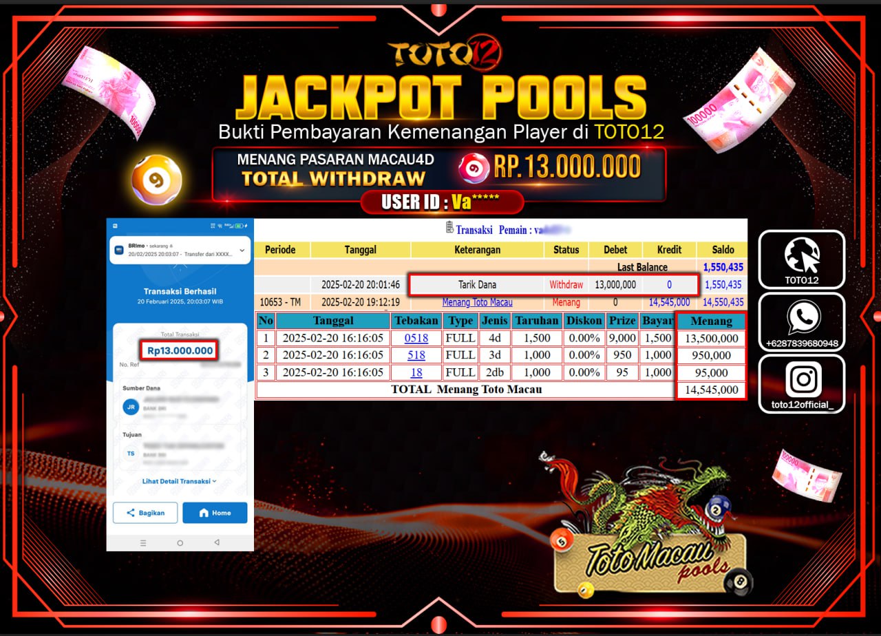HANYA DI TOTO12 JP PASTI DI BAYAR LUNAS DAN CEPAT!!!!!! JACKPOT POOLS (TOTO MACAU) Rp.13.000.000 !!!!