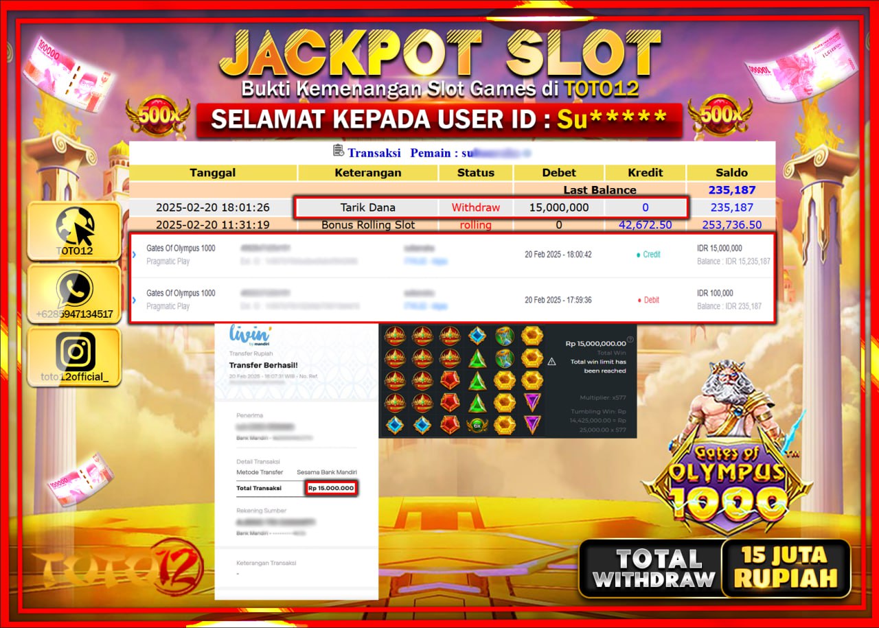HANYA DI TOTO12 JP PASTI DI BAYAR LUNAS DAN CEPAT!!!!!! JACKPOT SLOT GAME (GATES OF OLYMPUS 1000) Rp.15.000.000 !!!!