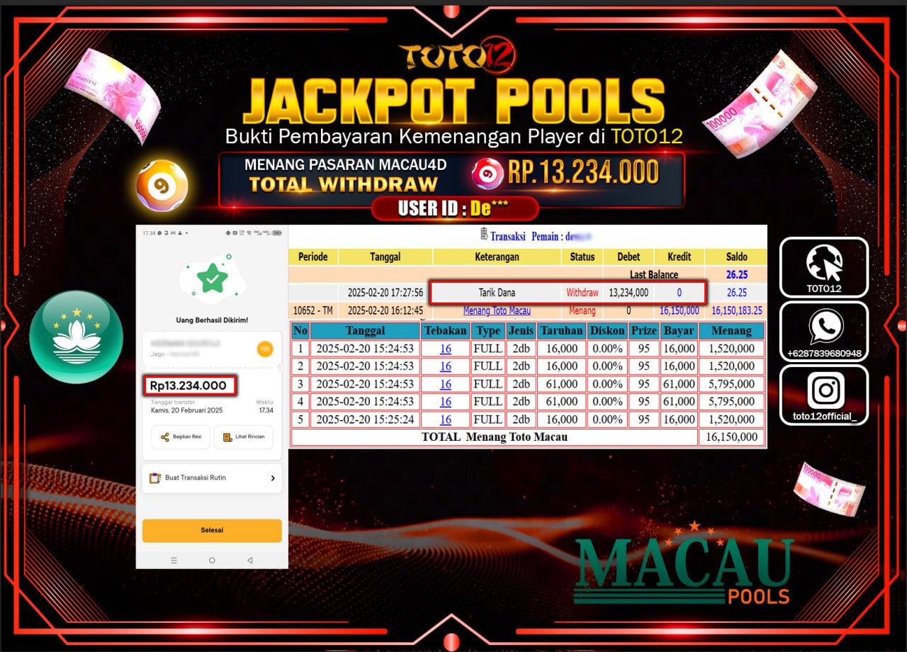 HANYA DI TOTO12 JP PASTI DI BAYAR LUNAS DAN CEPAT!!!!!! JACKPOT POOLS (TOTO MACAU) Rp.13.234.000 !!!!