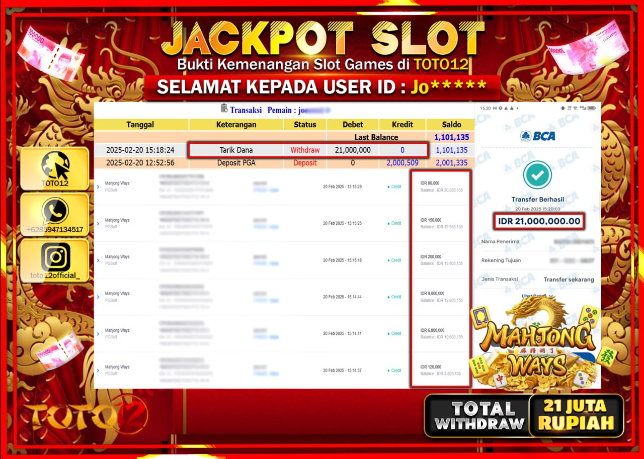HANYA DI TOTO12 JP PASTI DI BAYAR LUNAS DAN CEPAT!!!!!! JACKPOT SLOT GAME (MAHJONG WAYS) Rp.21.000.000 !!!!