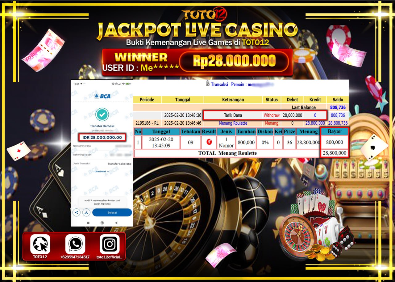 HANYA DI TOTO12 JP PASTI DI BAYAR LUNAS DAN CEPAT!!!!!! JACKPOT LIVE CASINO (ROULETTE) Rp.28.000.000 !!!!