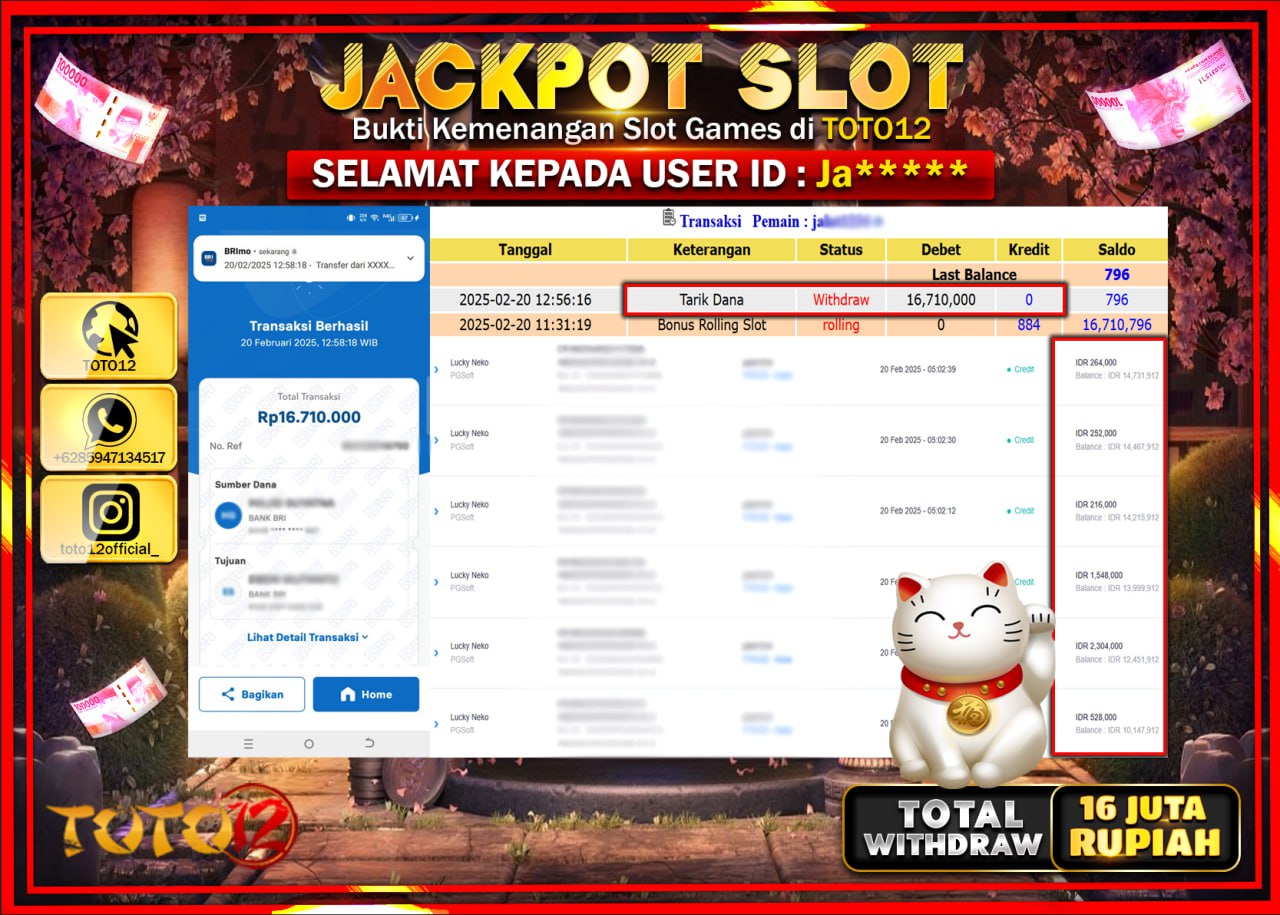 HANYA DI TOTO12 JP PASTI DI BAYAR LUNAS DAN CEPAT!!!!!! JACKPOT SLOT GAME (LUCKY NEKO) Rp.16.710.000 !!!!