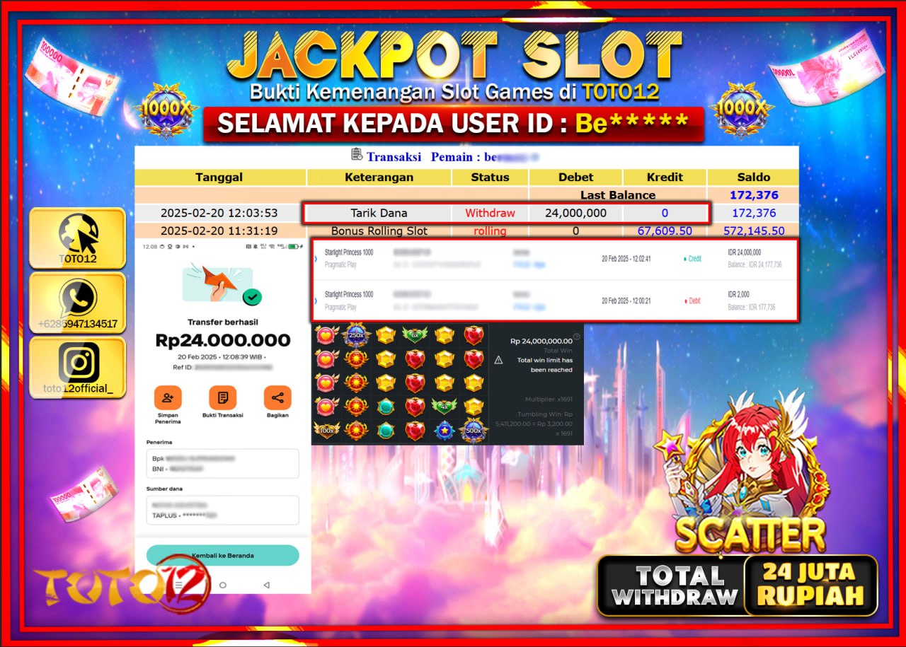 HANYA DI TOTO12 JP PASTI DI BAYAR LUNAS DAN CEPAT!!!!!! JACKPOT SLOT GAME (STARLING PRINCES 1000) Rp.24.000.000 !!!!