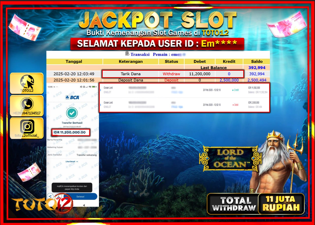 HANYA DI TOTO12 JP PASTI DI BAYAR LUNAS DAN CEPAT!!!!!! JACKPOT SLOT GAME (OCEAN LORD) Rp.11.000.000 !!!!
