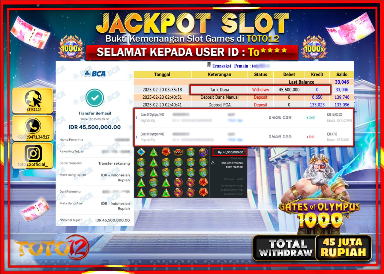 HANYA DI TOTO12 JP PASTI DI BAYAR LUNAS DAN CEPAT!!!!!! JACKPOT SLOT GAME (GATES OF OLYMPUS 1000) Rp.45.500.000 !!!!
