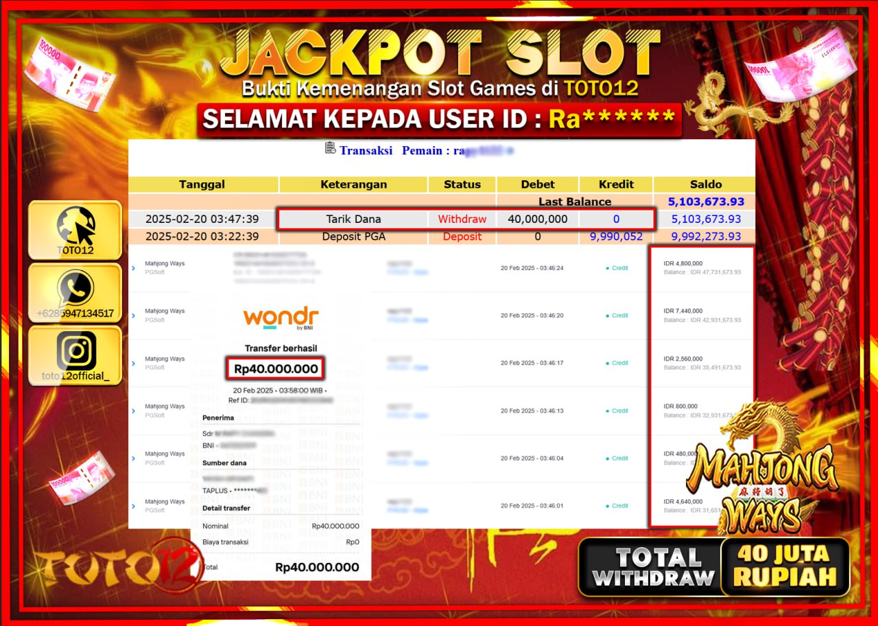 HANYA DI TOTO12 JP PASTI DI BAYAR LUNAS DAN CEPAT!!!!!! JACKPOT SLOT GAME (MAHJONG WAYS) Rp.40.000.000 !!!!