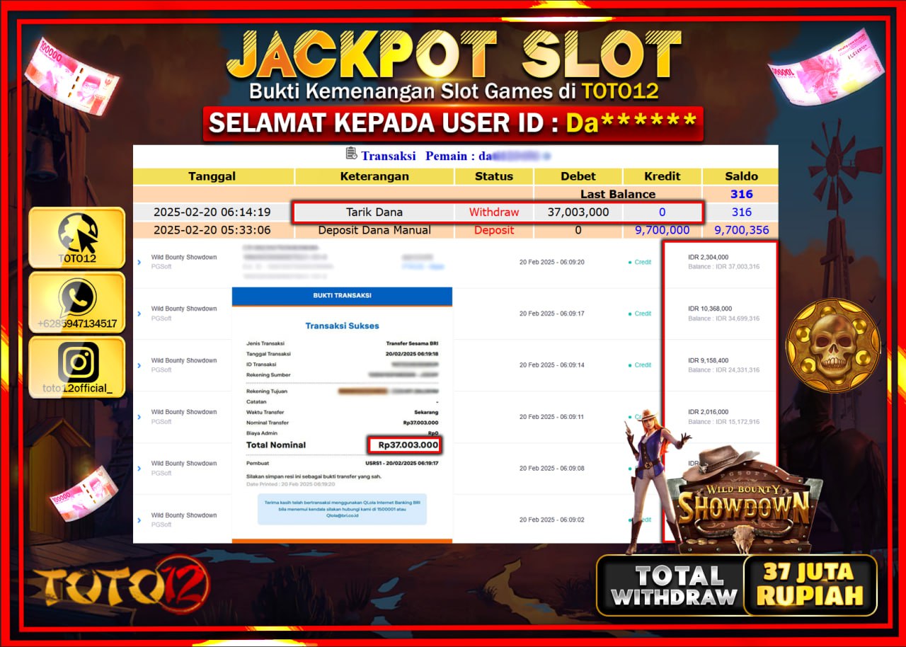HANYA DI TOTO12 JP PASTI DI BAYAR LUNAS DAN CEPAT!!!!!! JACKPOT SLOT GAME (WILD BOUNTY SHOWDOWN) Rp.37.000.000 !!!!
