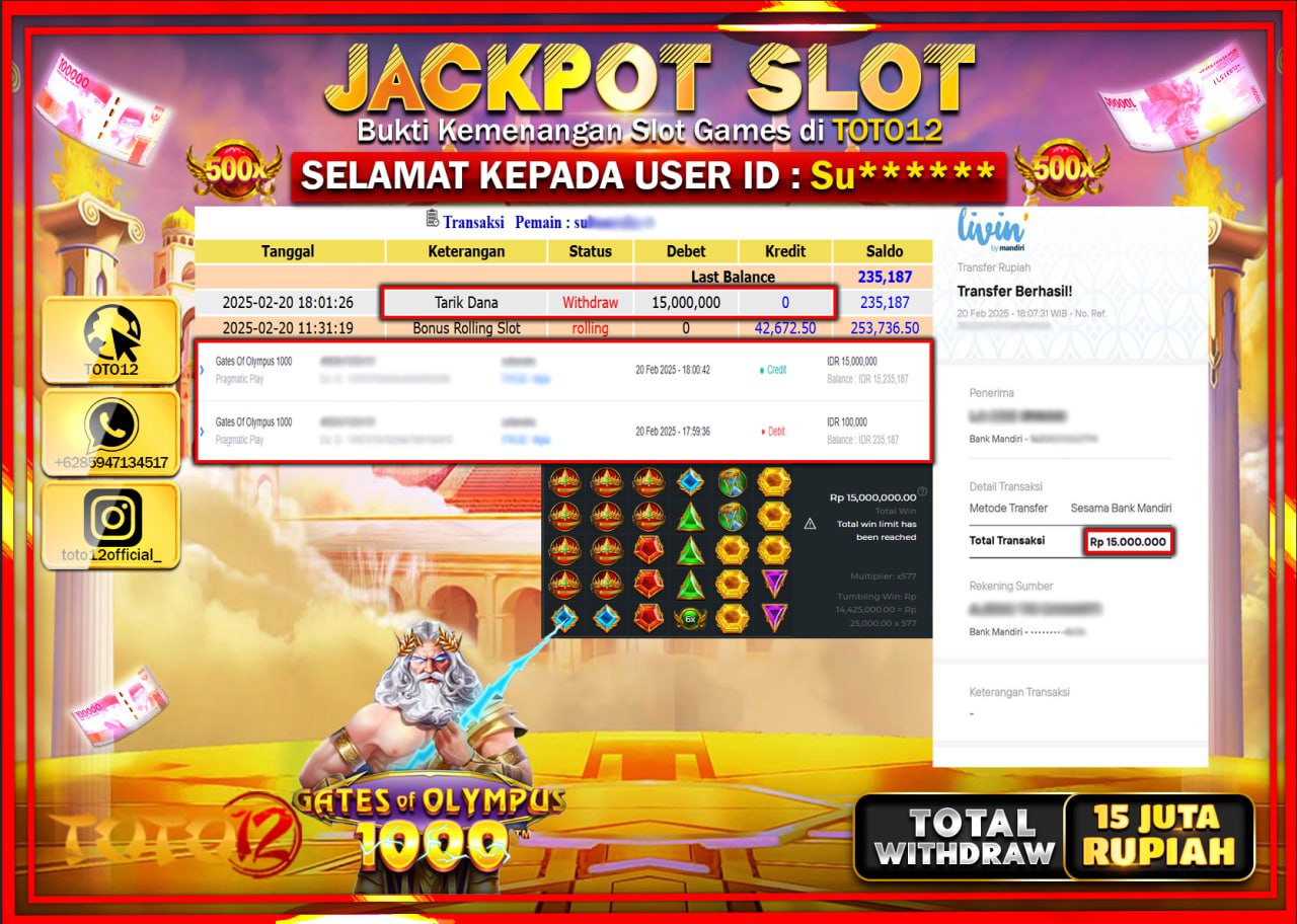 HANYA DI TOTO12 JP PASTI DI BAYAR LUNAS DAN CEPAT!!!!!! JACKPOT SLOT GAME (GATES OF OLYMPUS 1000) Rp.15.000.000 !!!!