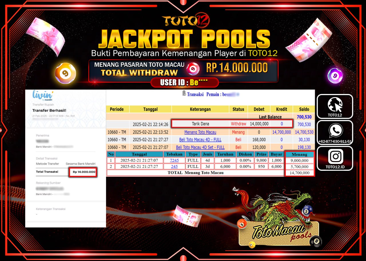 HANYA DI TOTO12 JP PASTI DI BAYAR LUNAS DAN CEPAT!!!!!! JACKPOT POOLS (TOTO MACAU) Rp.14.000.000 !!!!