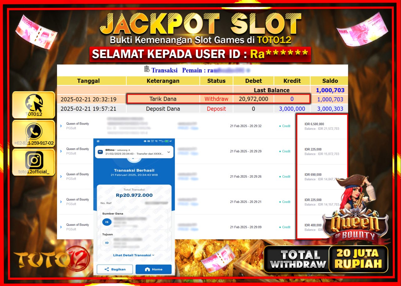 HANYA DI TOTO12 JP PASTI DI BAYAR LUNAS DAN CEPAT!!!!!! JACKPOT SLOT GAME (QUEEN OF BOUNTY) Rp.20.972.000 !!!!