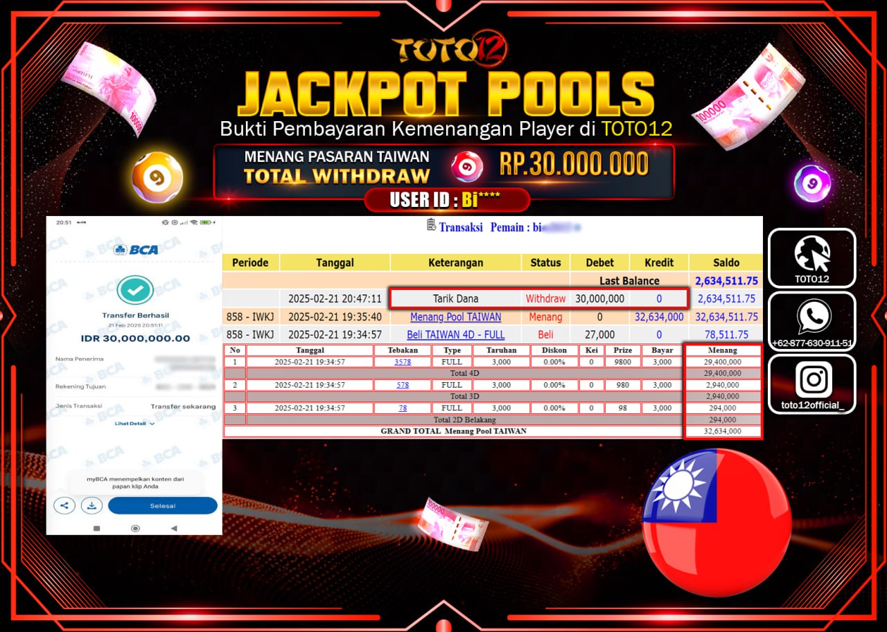 HANYA DI TOTO12 JP PASTI DI BAYAR LUNAS DAN CEPAT!!!!!! JACKPOT POOLS (TAIWAN) Rp.30.000.000 !!!!