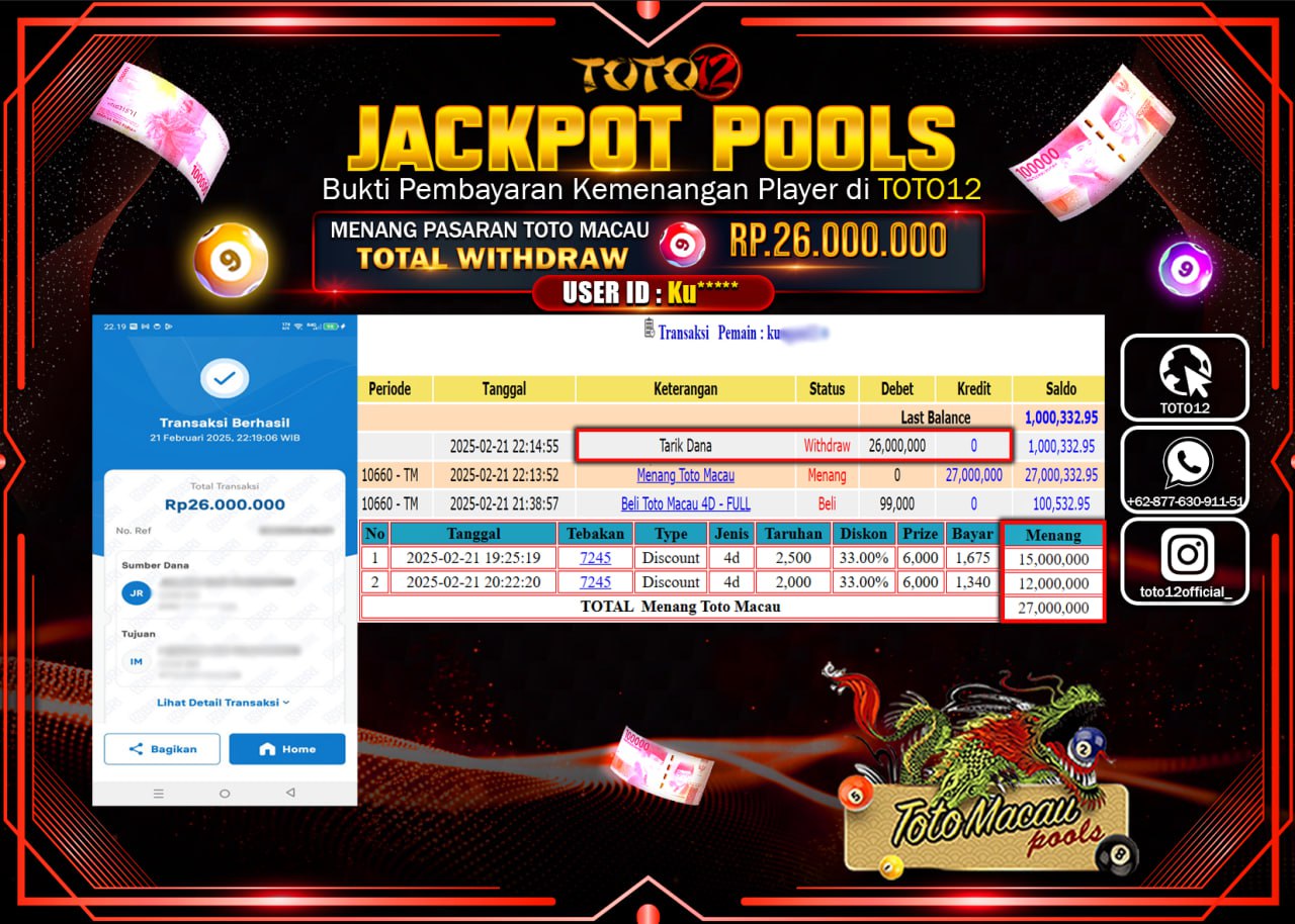 HANYA DI TOTO12 JP PASTI DI BAYAR LUNAS DAN CEPAT!!!!!! JACKPOT POOLS (TOTO MACAU) Rp.26.000.000 !!!!