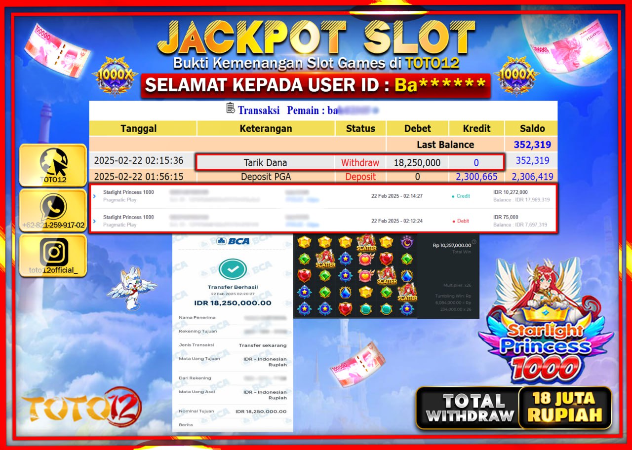HANYA DI TOTO12 JP PASTI DI BAYAR LUNAS DAN CEPAT!!!!!! JACKPOT SLOT GAME (STARLING PRINCESS 1000) Rp.18.000.000 !!!!