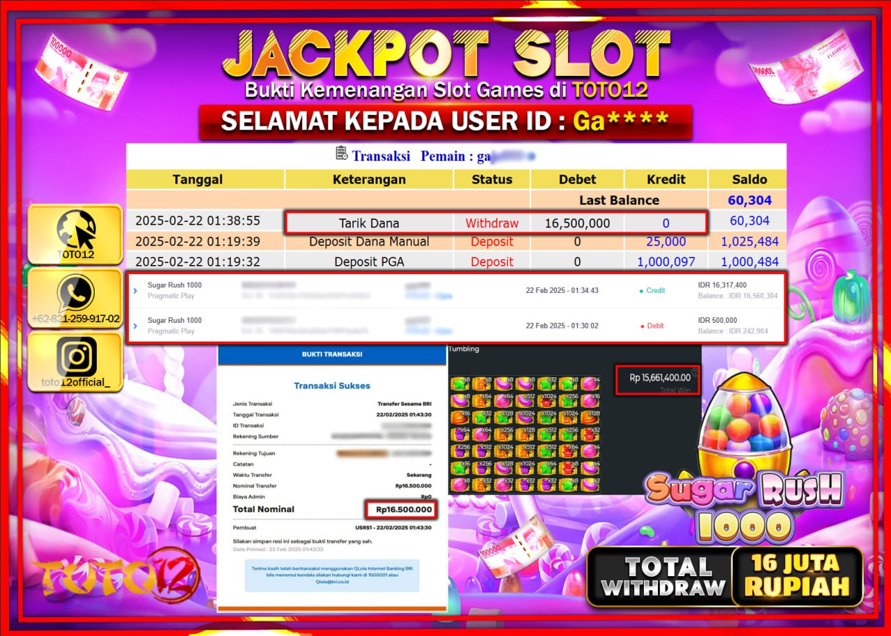 HANYA DI TOTO12 JP PASTI DI BAYAR LUNAS DAN CEPAT!!!!!! JACKPOT SLOT GAME (SUGAR RUSH 1000) Rp.16.000.000 !!!!