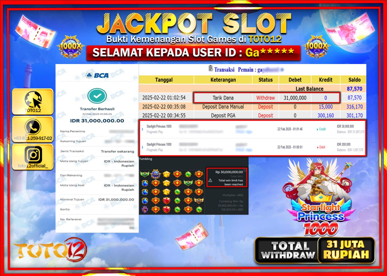 HANYA DI TOTO12 JP PASTI DI BAYAR LUNAS DAN CEPAT!!!!!! JACKPOT SLOT GAME (STARLING PRINCESS 1000) Rp.31.000.000 !!!!