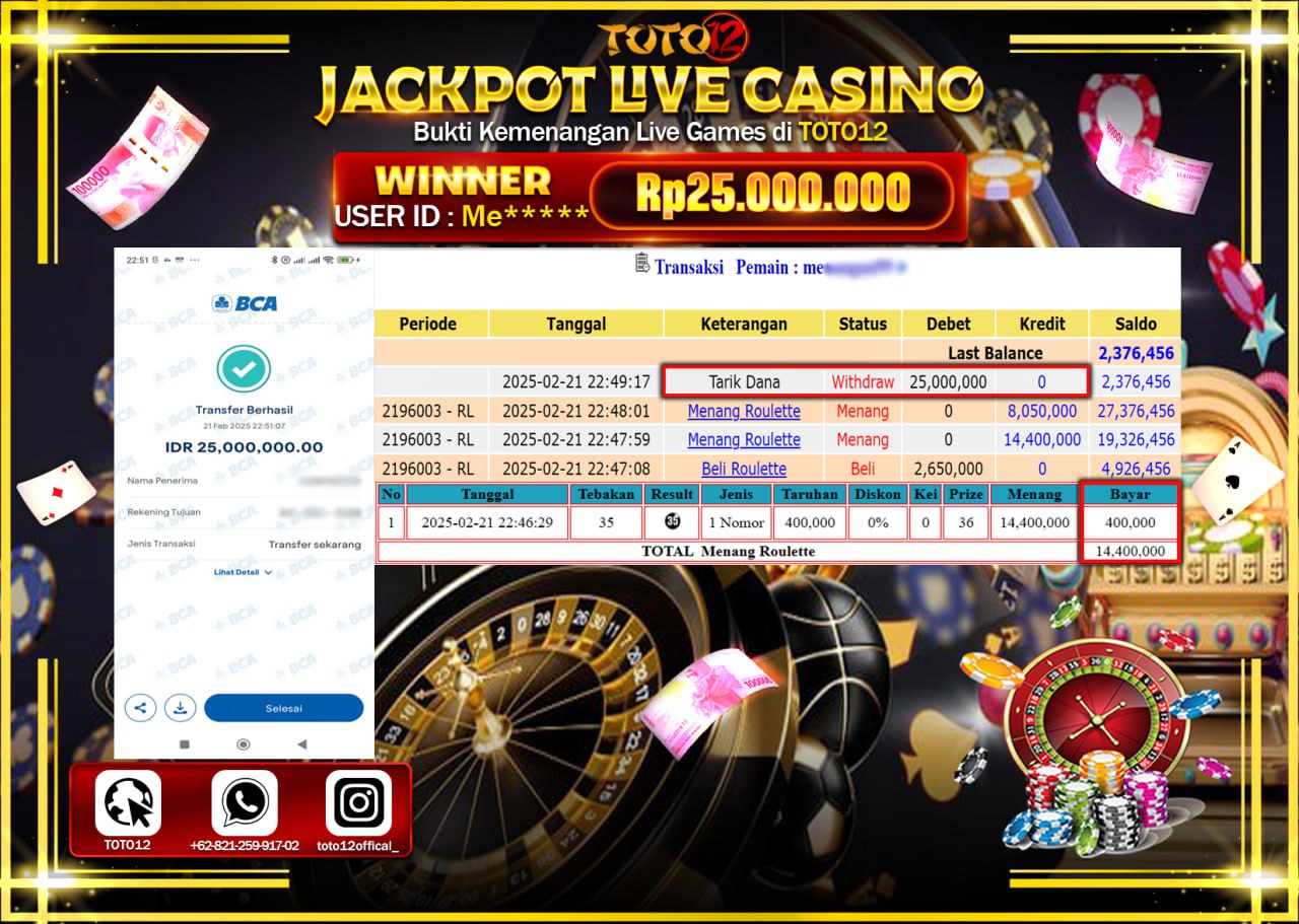 HANYA DI TOTO12 JP PASTI DI BAYAR LUNAS DAN CEPAT!!!!!! JACKPOT LIVE CASINO (ROULETTE) Rp.25.000.000 !!!!