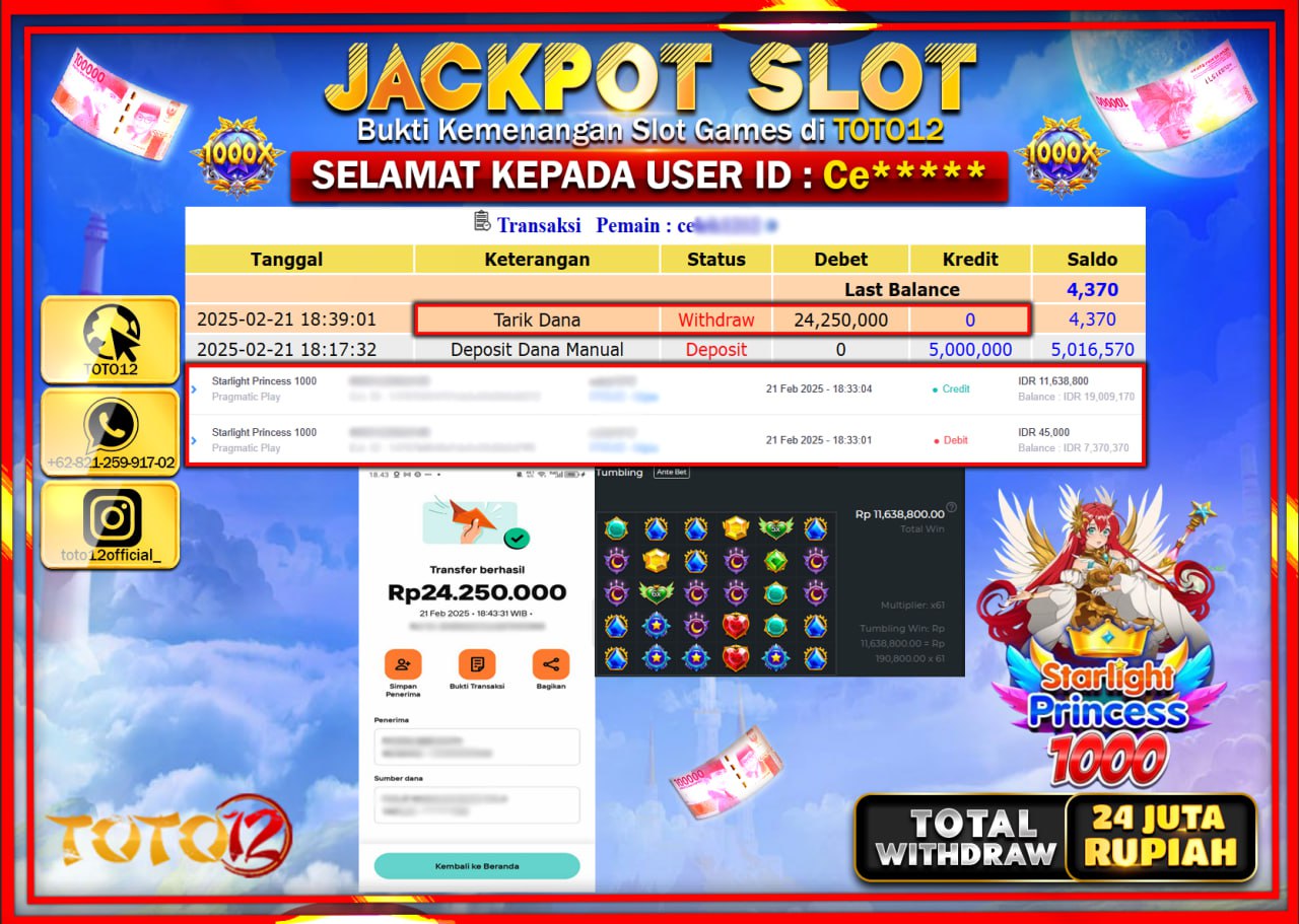HANYA DI TOTO12 JP PASTI DI BAYAR LUNAS DAN CEPAT!!!!!! JACKPOT SLOT GAME (STARLING PRINCES 1000) Rp.24.000.000 !!!!