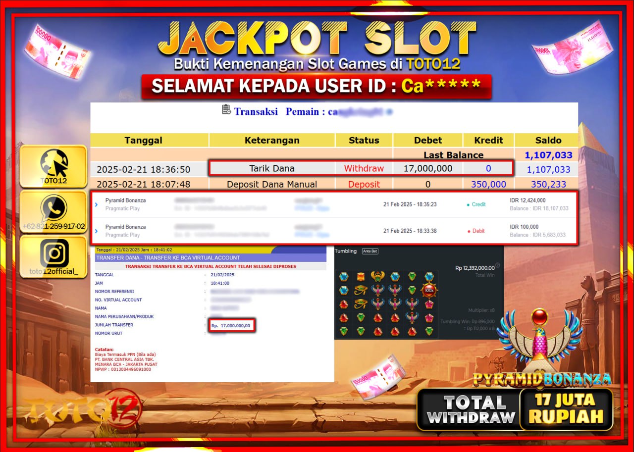 HANYA DI TOTO12 JP PASTI DI BAYAR LUNAS DAN CEPAT!!!!!! JACKPOT SLOT GAME (PYRAMID BONANZA) Rp.17.000.000 !!!!