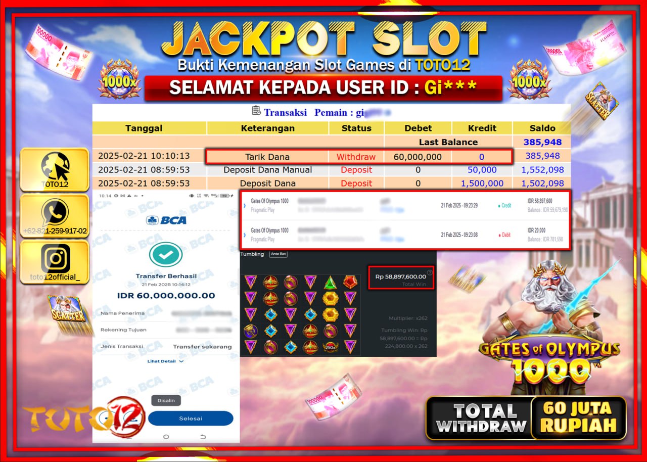 HANYA DI TOTO12 JP PASTI DI BAYAR LUNAS DAN CEPAT!!!!!! JACKPOT SLOT GAME (GATES OF OLYMPUS 1000) Rp.60.000.000 !!!!