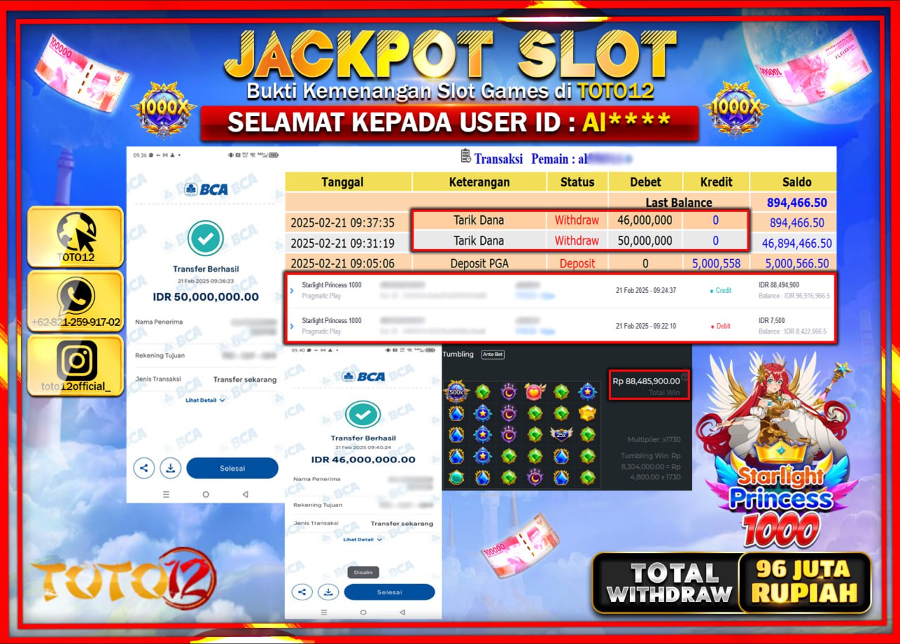 HANYA DI TOTO12 JP PASTI DI BAYAR LUNAS DAN CEPAT!!!!!! JACKPOT SLOT GAME (STARLING PRINCES 1000) Rp.96.000.000 !!!!