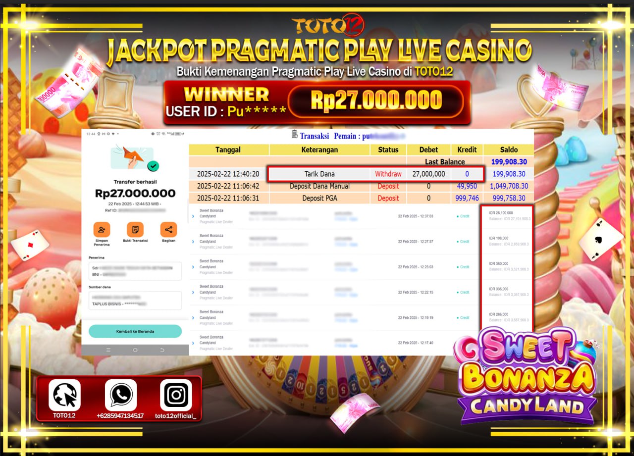 HANYA DI TOTO12 JP PASTI DI BAYAR LUNAS DAN CEPAT!!!!!! JACKPOT PRAGMATIC PLAY LIVE CASINO (SWEET BONANZA CANDY LAND) Rp.27.000.000 !!!!