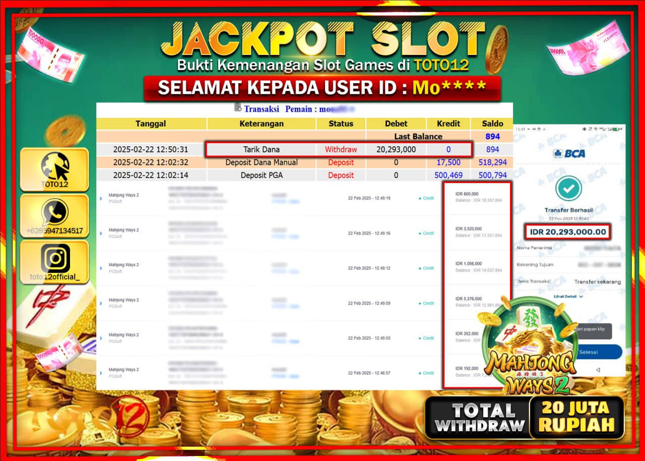 HANYA DI TOTO12 JP PASTI DI BAYAR LUNAS DAN CEPAT!!!!!! JACKPOT SLOT GAME (MAHJONG WAYS) Rp.20.293.000 !!!!