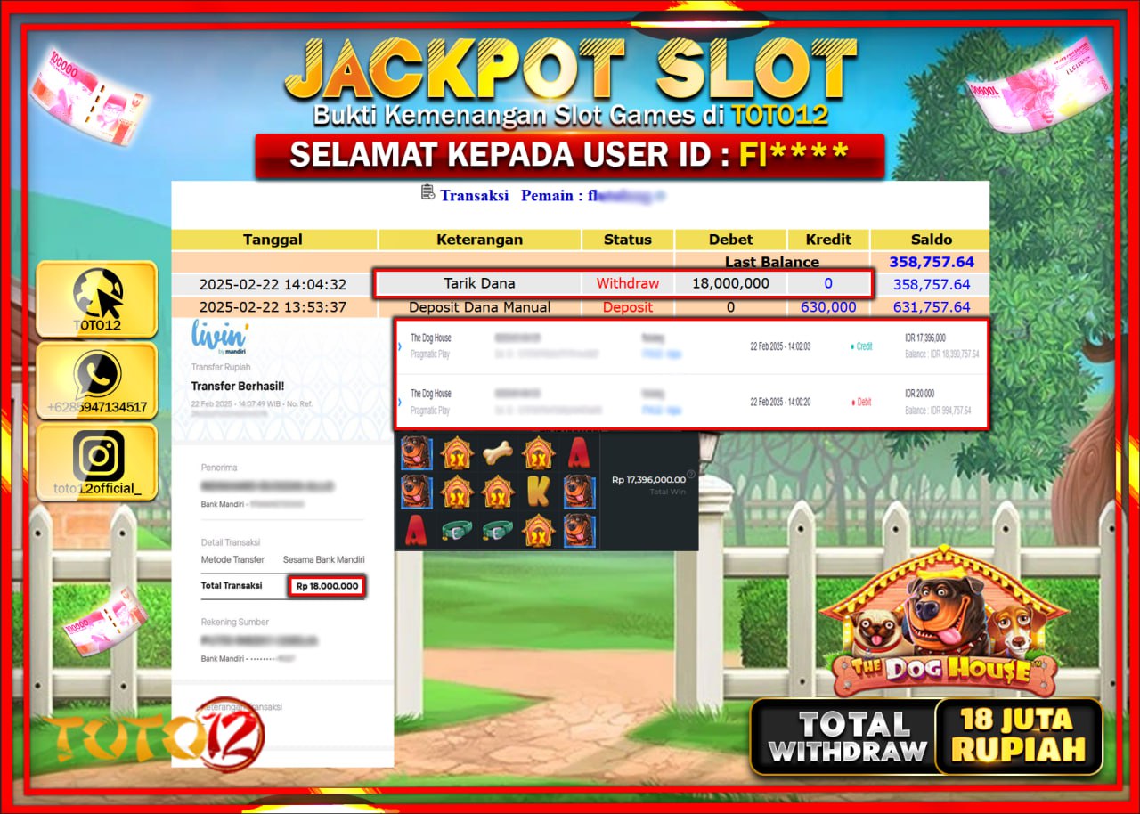 HANYA DI TOTO12 JP PASTI DI BAYAR LUNAS DAN CEPAT!!!!!! JACKPOT SLOT GAME (THE DOG HOUSE) Rp.18.000.000 !!!!