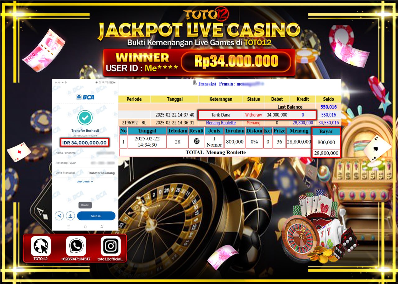 HANYA DI TOTO12 JP PASTI DI BAYAR LUNAS DAN CEPAT!!!!!! JACKPOT LIVE CASINO (ROULETTE) Rp.34.000.000 !!!!