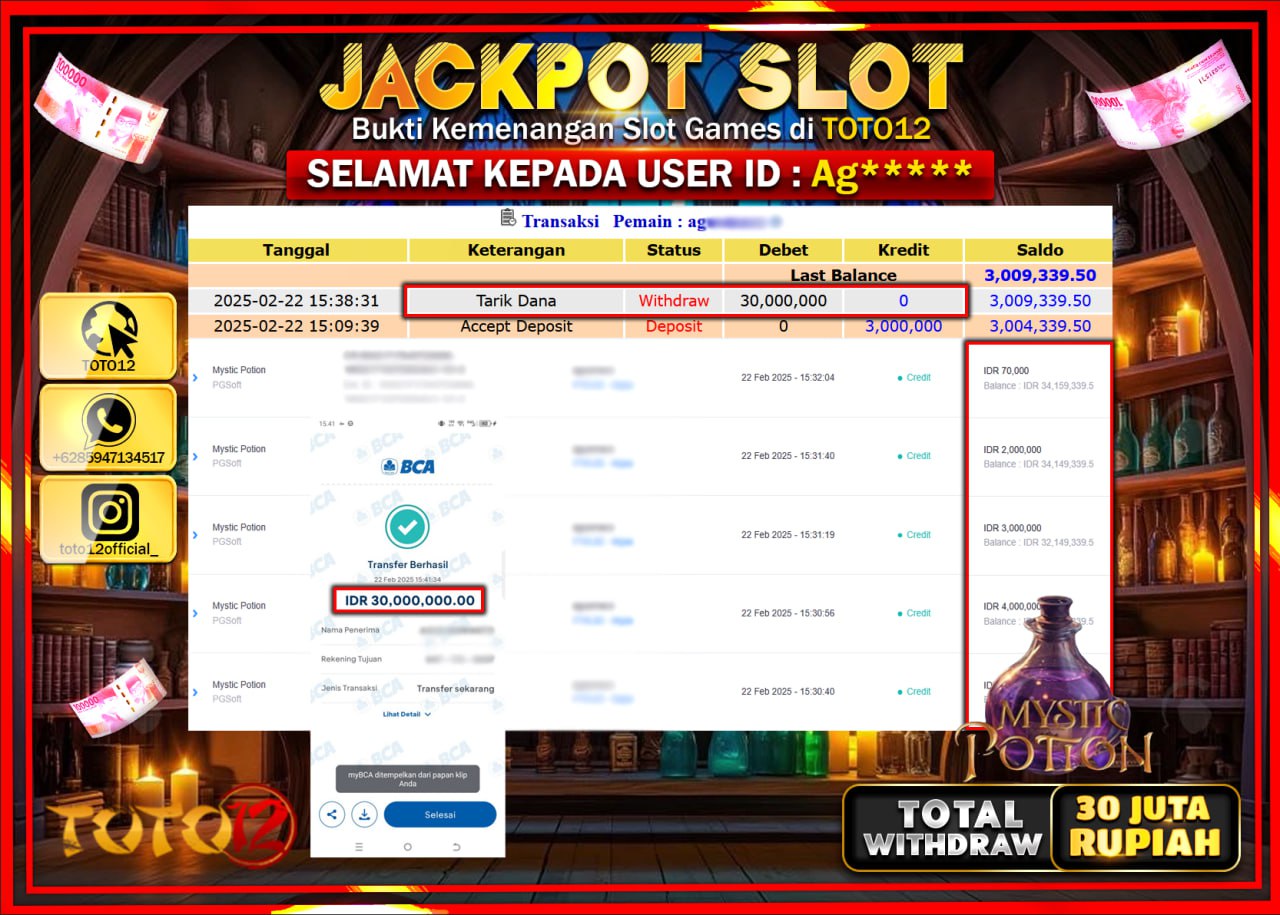 HANYA DI TOTO12 JP PASTI DI BAYAR LUNAS DAN CEPAT!!!!!! JACKPOT SLOT GAME (MYSTIC POLTION) Rp.30.000.000 !!!!