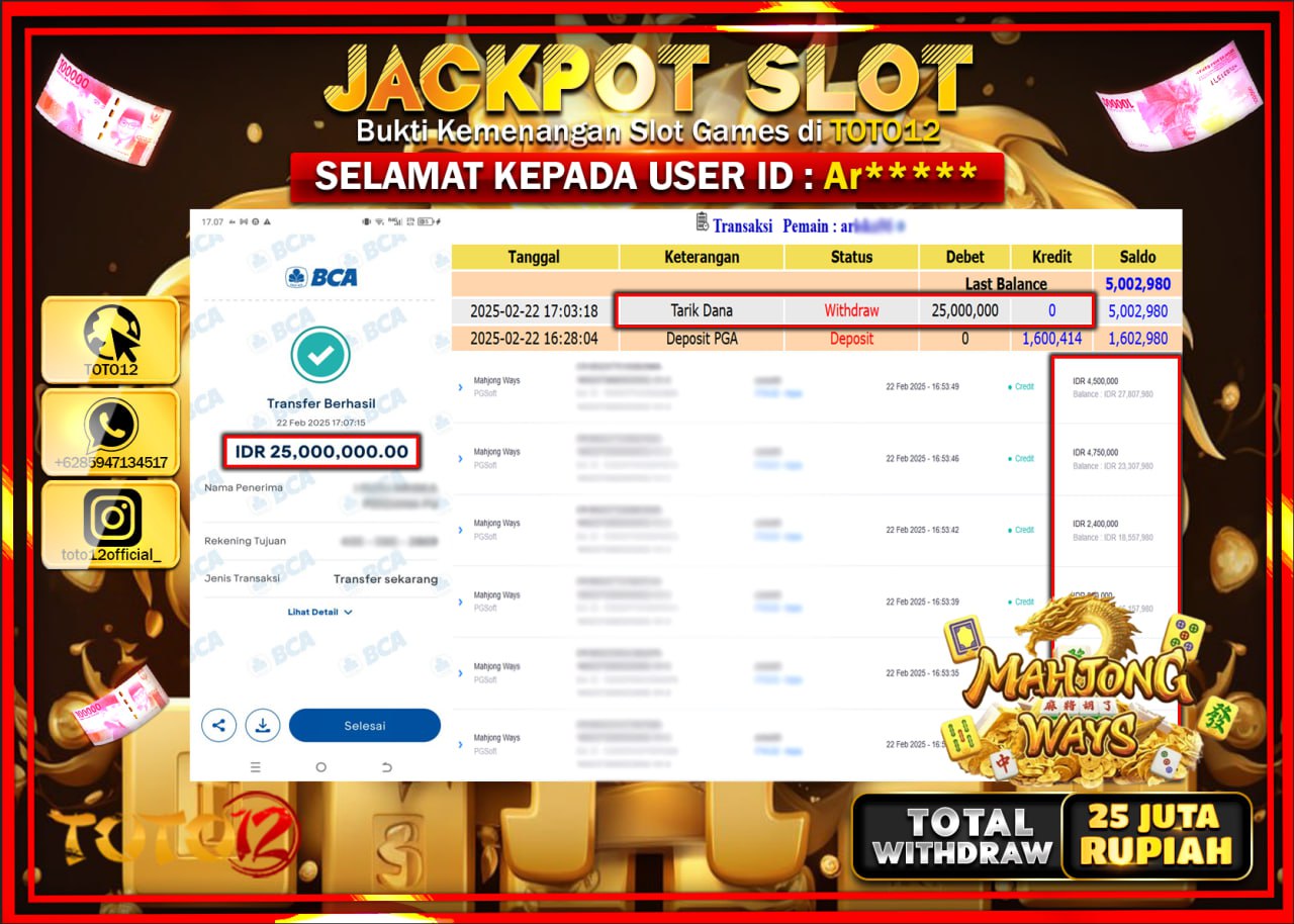 HANYA DI TOTO12 JP PASTI DI BAYAR LUNAS DAN CEPAT!!!!!! JACKPOT SLOT GAME (MAHJONG WAYS) Rp.25.000.000 !!!!