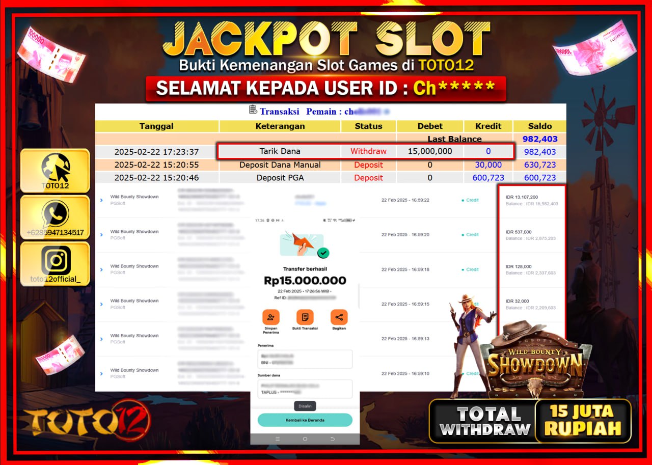 HANYA DI TOTO12 JP PASTI DI BAYAR LUNAS DAN CEPAT!!!!!! JACKPOT SLOT GAME (WILD BOUNTY SHOWDOWN) Rp.15.000.000 !!!!
