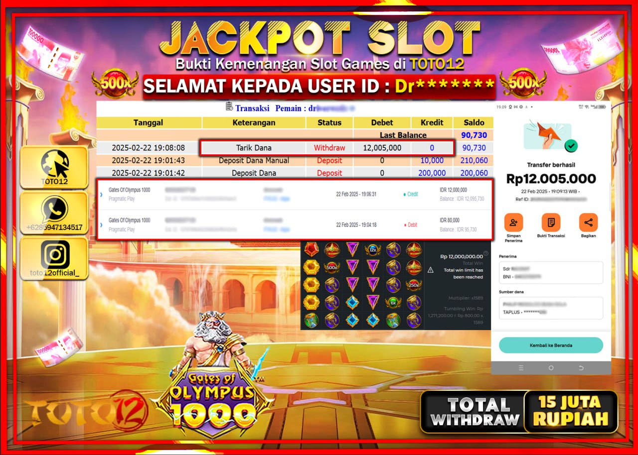 HANYA DI TOTO12 JP PASTI DI BAYAR LUNAS DAN CEPAT!!!!!! JACKPOT SLOT GAME (GATES OF OLYMPUS 1000) Rp.12.000.000 !!!!