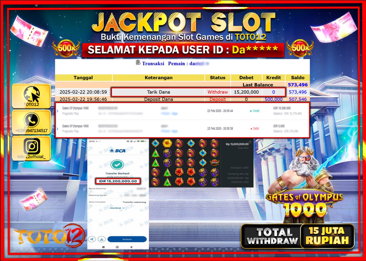HANYA DI TOTO12 JP PASTI DI BAYAR LUNAS DAN CEPAT!!!!!! JACKPOT SLOT GAME (GATES OF OLYMPUS 1000) Rp.15.000.000 !!!!