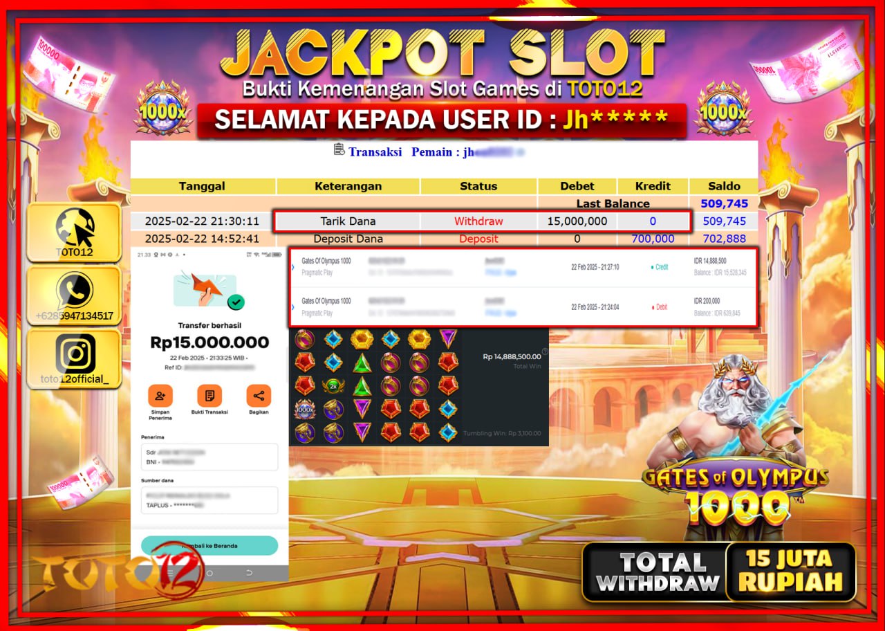 HANYA DI TOTO12 JP PASTI DI BAYAR LUNAS DAN CEPAT!!!!!! JACKPOT SLOT GAME (GATES OF OLYMPUS 1000) Rp.15.000.000 !!!!