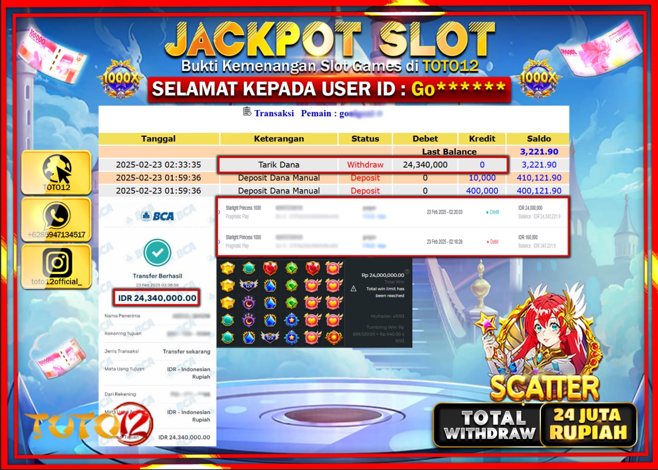HANYA DI TOTO12 JP PASTI DI BAYAR LUNAS DAN CEPAT!!!!!! JACKPOT SLOT GAME (STARLING PRINCES 1000) Rp.24.000.000 !!!!