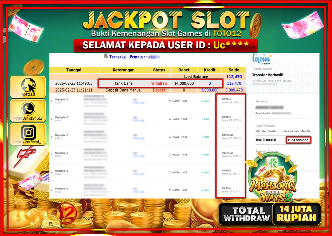 HANYA DI TOTO12 JP PASTI DI BAYAR LUNAS DAN CEPAT!!!!!! JACKPOT SLOT GAME (MAHJONG WAYS 2) Rp.14.000.000 !!!!