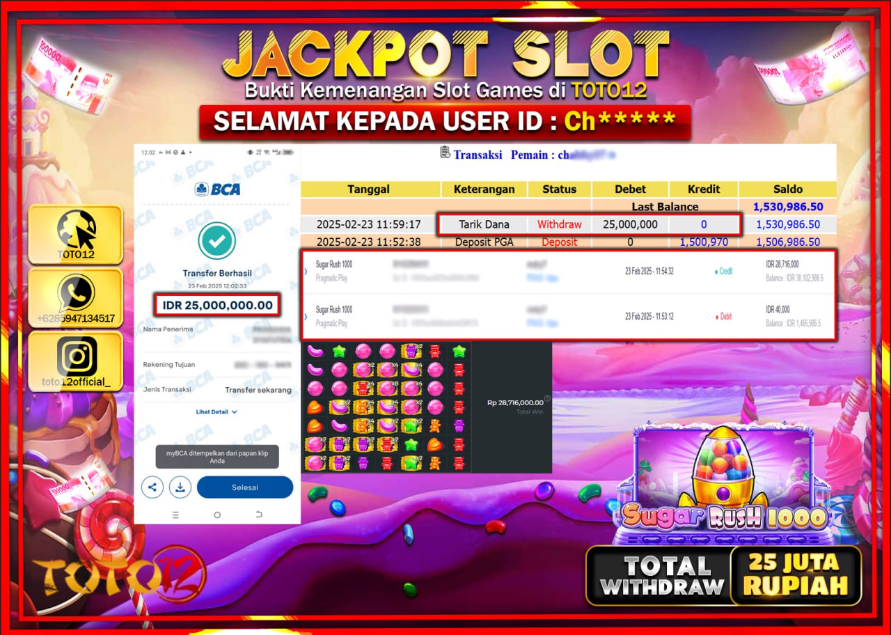 HANYA DI TOTO12 JP PASTI DI BAYAR LUNAS DAN CEPAT!!!!!! JACKPOT SLOT GAME (SUGAR RUSH 1000) Rp.25.000.000 !!!!