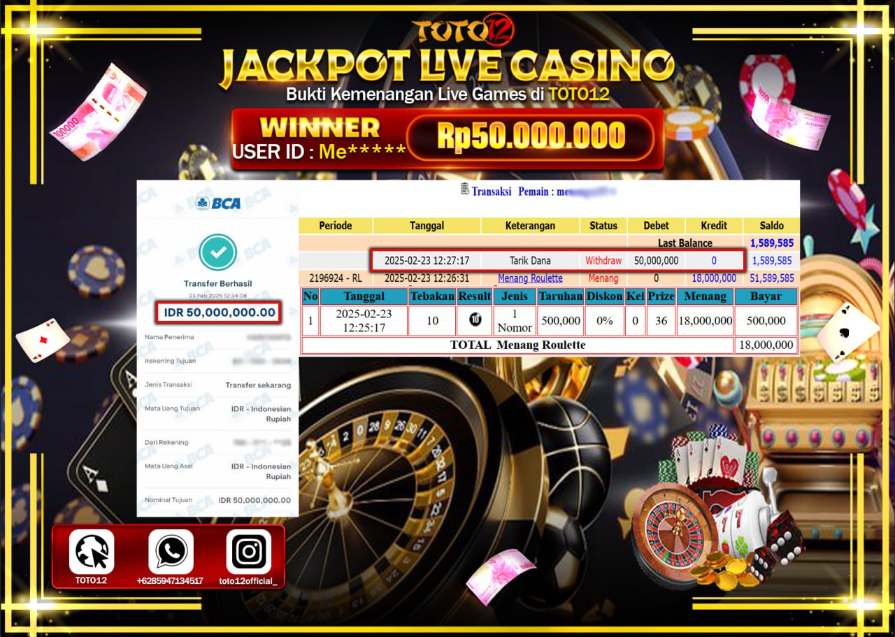 HANYA DI TOTO12 JP PASTI DI BAYAR LUNAS DAN CEPAT!!!!!! JACKPOT LIVE CASINO (ROULETTE) Rp.50.000.000 !!!!