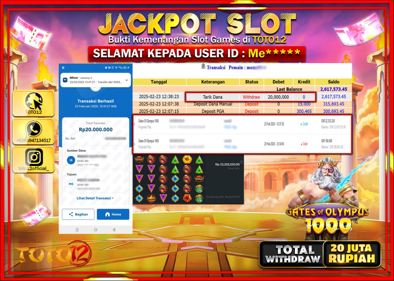 HANYA DI TOTO12 JP PASTI DI BAYAR LUNAS DAN CEPAT!!!!!! JACKPOT SLOT GAME (GATES OF OLYMPUS 1000) Rp.20.000.000 !!!!