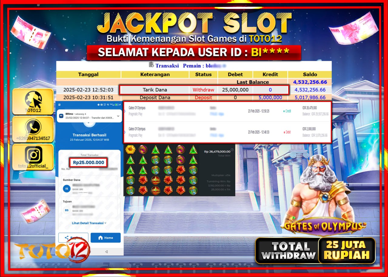 HANYA DI TOTO12 JP PASTI DI BAYAR LUNAS DAN CEPAT!!!!!! JACKPOT SLOT GAME (GATES OF OLYMPUS) Rp.25.000.000 !!!!