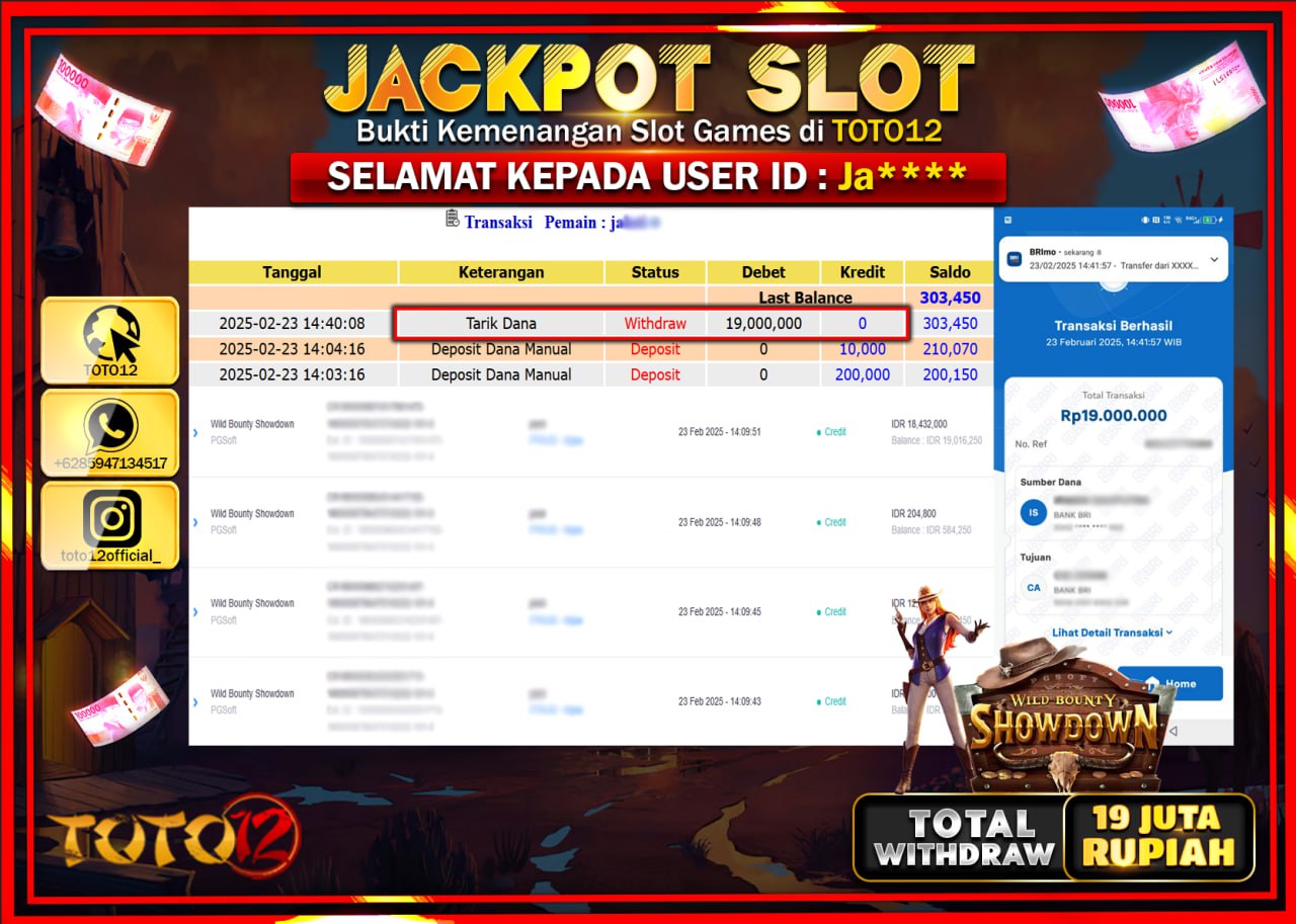 HANYA DI TOTO12 JP PASTI DI BAYAR LUNAS DAN CEPAT!!!!!! JACKPOT SLOT GAME (WILD BOUNTY SHOWDOWN) Rp.19.000.000 !!!!