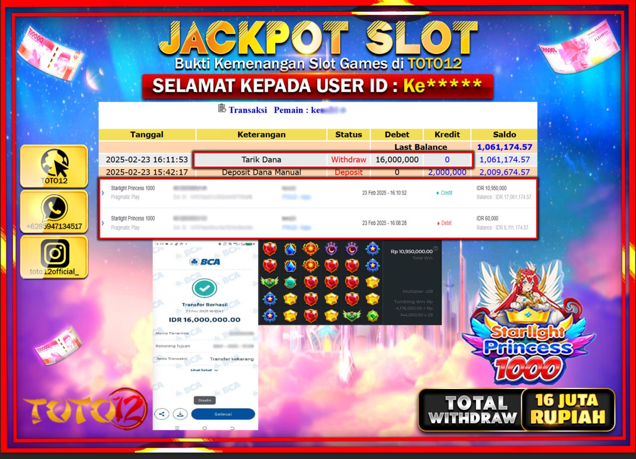 HANYA DI TOTO12 JP PASTI DI BAYAR LUNAS DAN CEPAT!!!!!! JACKPOT SLOT GAME (STARLING PRINCES 1000) Rp.16.000.000 !!!!