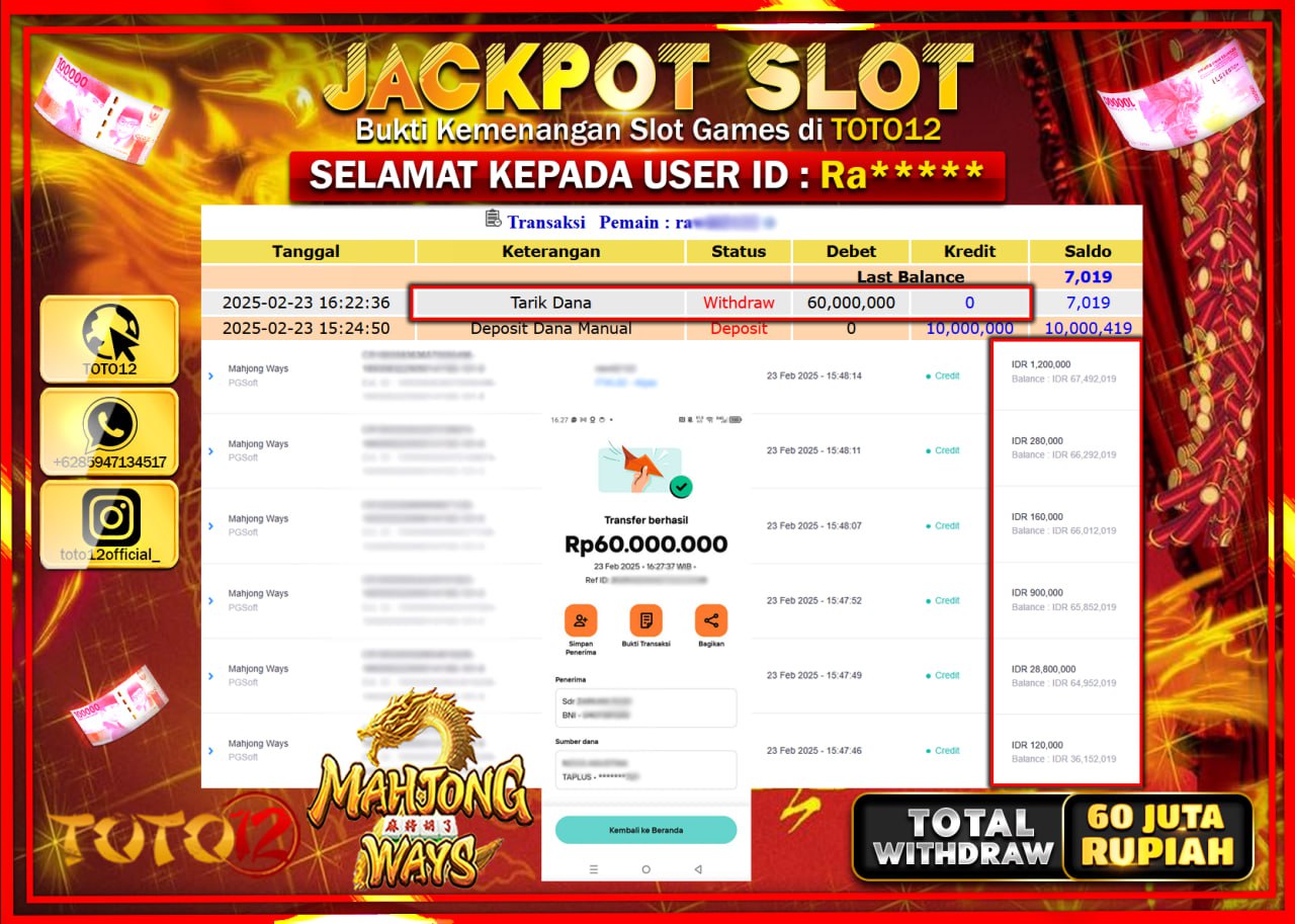 HANYA DI TOTO12 JP PASTI DI BAYAR LUNAS DAN CEPAT!!!!!! JACKPOT SLOT GAME (MAHJONG WAYS) Rp.60.000.000 !!!!