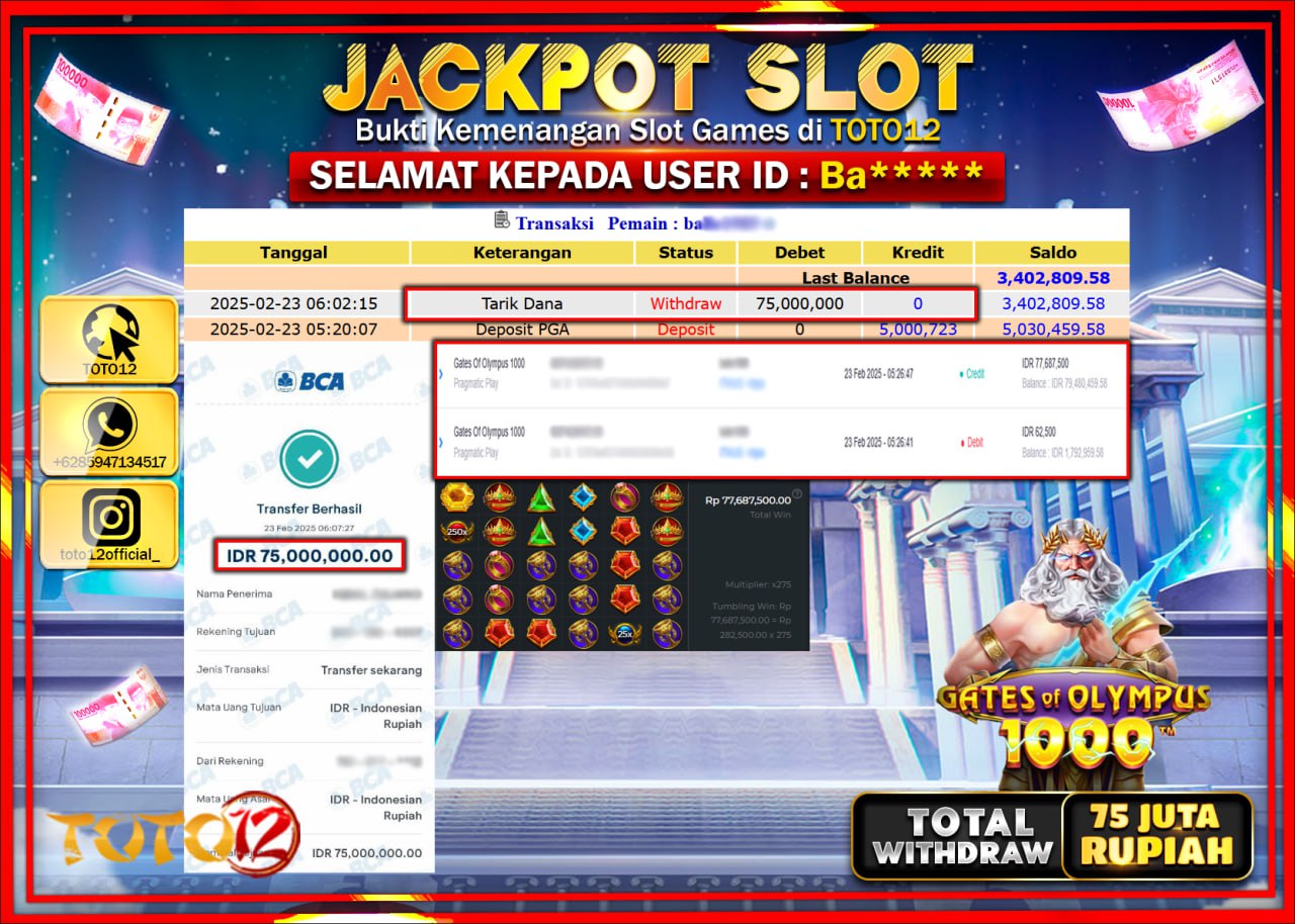 HANYA DI TOTO12 JP PASTI DI BAYAR LUNAS DAN CEPAT!!!!!! JACKPOT SLOT GAME (GATES OF OLYMPUS 1000) Rp.75.000.000 !!!!